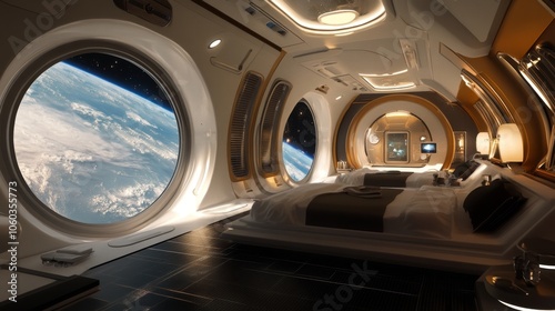 Fototapeta Naklejka Na Ścianę i Meble -  A luxury space hotel in orbit, tourists floating in zero gravity while admiring the Earth below, with futuristic interiors and large windows showcasing the cosmos