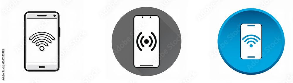 Three icons with a smartphone displaying wifi signal. Three icons with a smartphone displaying wifi signal.
