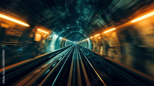 A fast-paced view through a subway tunnel, showcasing a blur of lights and tracks.