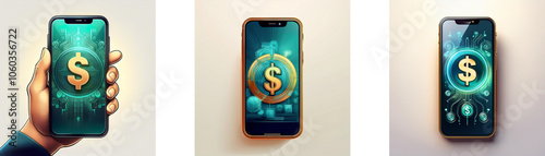 Three smartphones with digital interfaces displaying a golden dollar sign in a glowing circle.