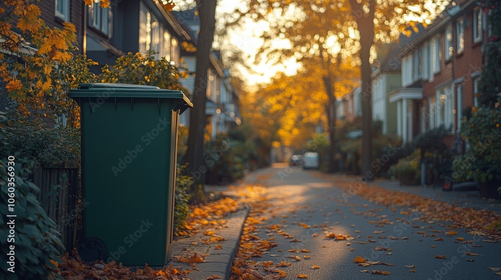 Peaceful Residential Street Scene with Green Trash Bin by the Curb, Surrounded by Tree-Lined Houses and Warm Sunlight for a Welcoming Neighborhood Atmosphere Peaceful Residential Street Scene with Green Trash Bin by the Curb, Surrounded by Tree-Lined Houses and Warm Sunlight for a Welcoming Neighborhood Atmosphere