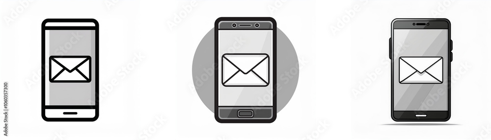 Three variations of a smartphone icon with an envelope in the display. Three variations of a smartphone icon with an envelope in the display.