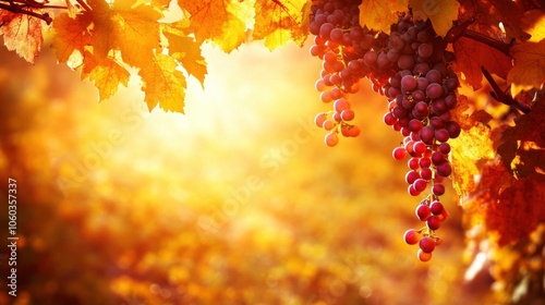 Sun-drenched vineyards in fall with ripe grapes hanging from the vines with vibrant colors. Soft light. Harvest background