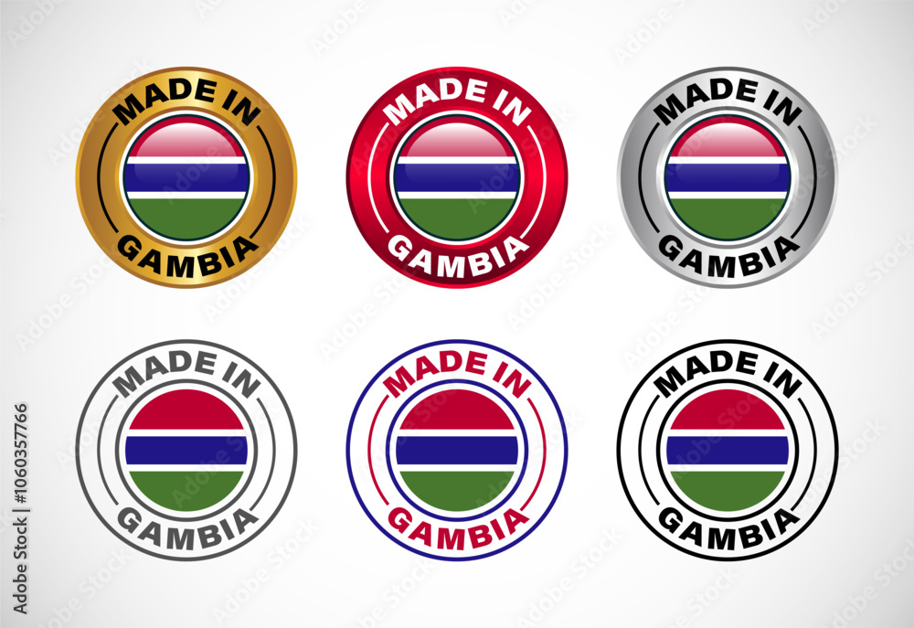 Made in Gambia label icon with flag. Icon set for business, badge, seal, sticker, logo, and symbol Made in Gambia label icon with flag. Icon set for business, badge, seal, sticker, logo, and symbol