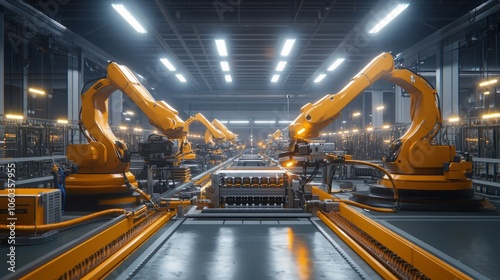 A state-of-the-art EV battery production line, robotic arms in bright orange expertly handling components