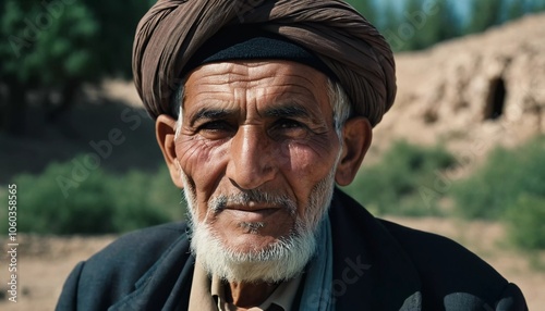 An elderly man from Afghanistan showcases his weathered face, reflecting years of wisdom and resilience against a modest backdrop of nature, embodying the rich culture of his homeland. Generative AI photo