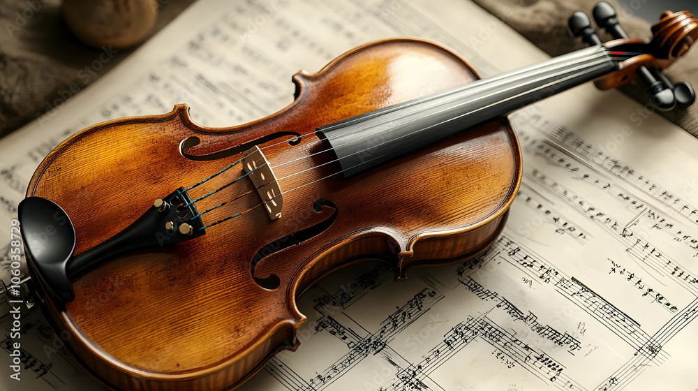 Fototapeta premium Violin on Sheet Music - Close-up Photo