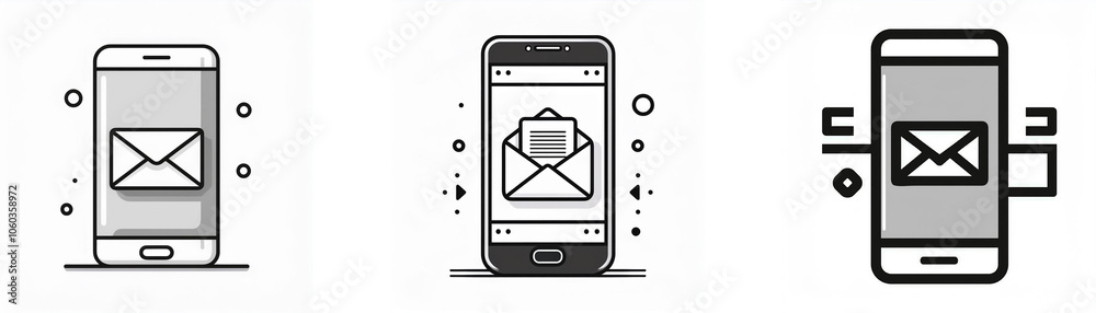 Three black and white smartphone icons with an envelope icon on the screen.
