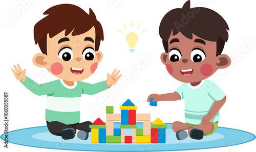 Kid Helping a Friend Build Something With Blocks