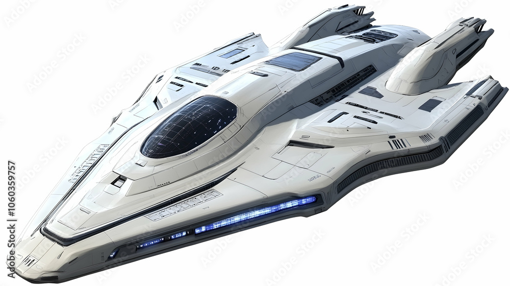 Futuristic white spaceship with blue lights on the bottom.