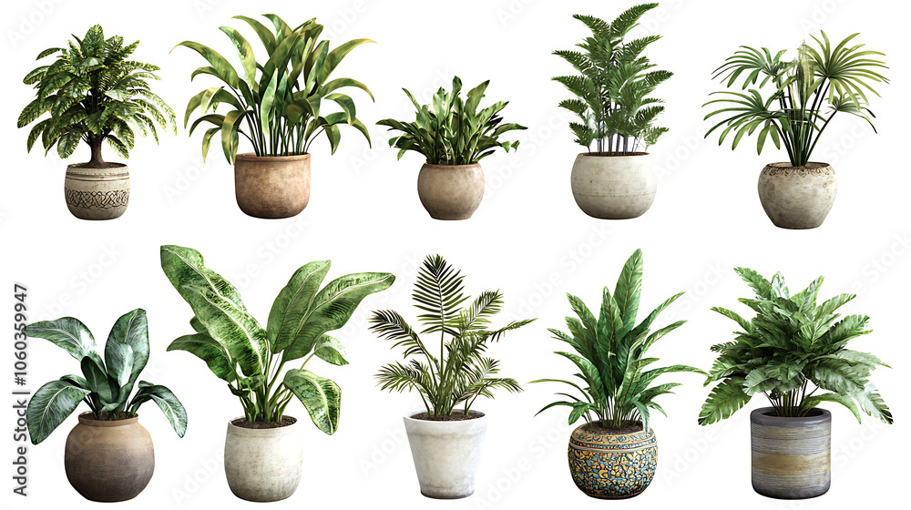 Fototapeta premium Various indoor plants in decorative pots, white isolated background