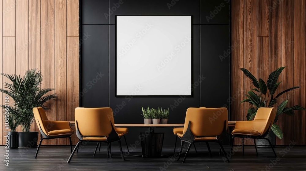 Fototapeta premium Modern interior design with a square blank frame on a black wall, surrounded by wooden panels, four yellow chairs, a coffee table with plants, and two large potted plants.