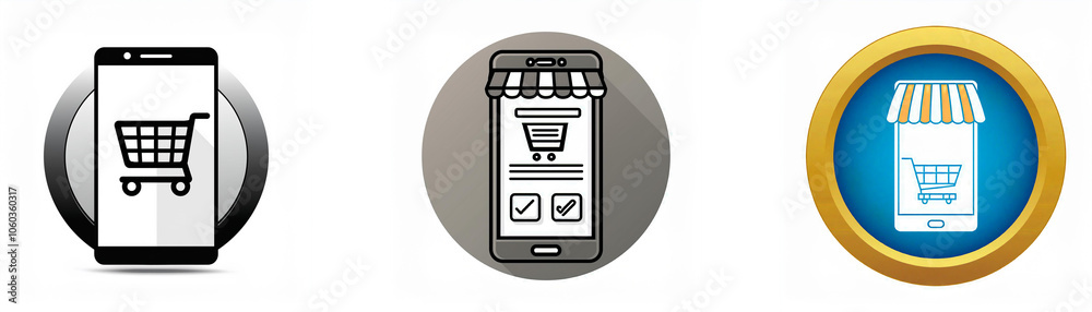 Three icons represent online shopping with a smartphone, shopping cart, and storefront awning.