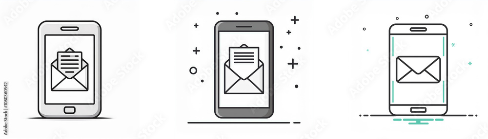 Three smartphones with a mail icon on the screen, one with a detailed letter, one with a simple envelope, and one with a simple envelope inside a blue rectangle. Three smartphones with a mail icon on the screen, one with a detailed letter, one with a simple envelope, and one with a simple envelope inside a blue rectangle.