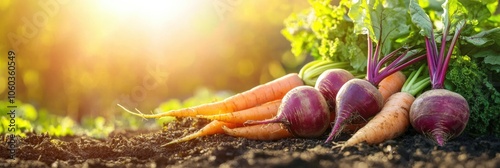 Vibrant carrots, beets, and onions are nestled in the soil, basking in warm sunlight during a beautiful late afternoon. Generative AI