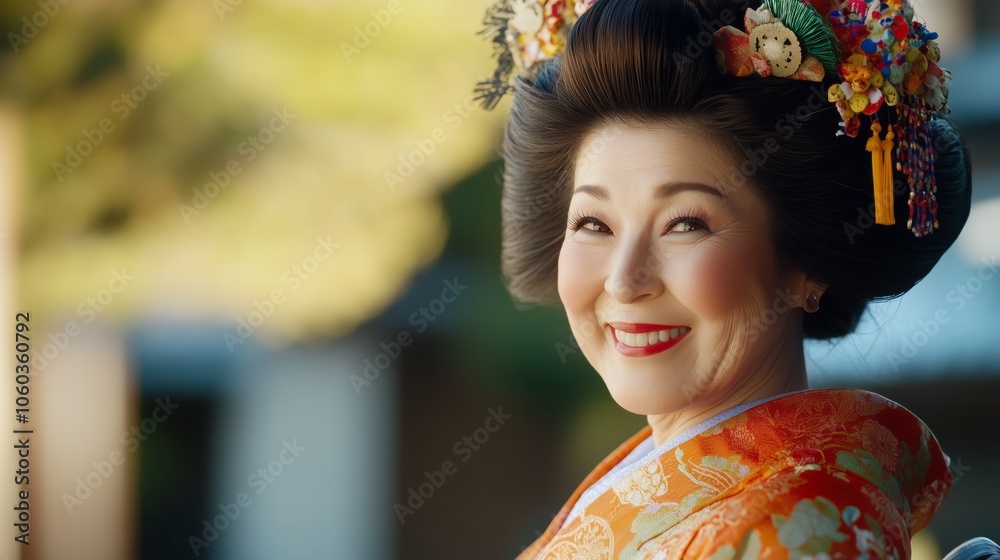 An elegant Geisha in a traditional Japanese Kimono, showcasing cultural artistry in detail An elegant Geisha in a traditional Japanese Kimono, showcasing cultural artistry in detail