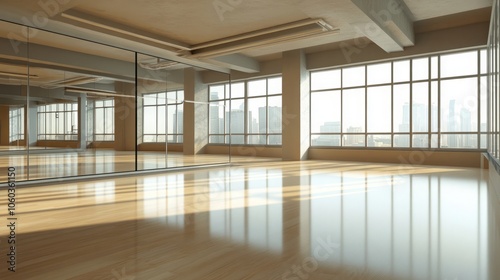 A modern dance studio with mirrors, the floor's reflection providing space for dance tutorials or branding