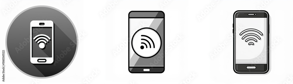 Three grey and white mobile phone icons with a wifi symbol. Three grey and white mobile phone icons with a wifi symbol.