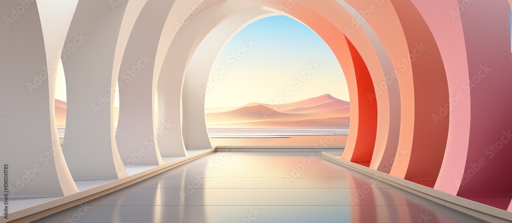 A serene corridor leading to a tranquil landscape with soft colors and smooth surfaces. A serene corridor leading to a tranquil landscape with soft colors and smooth surfaces.