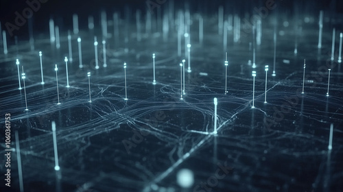 Abstract AI landscape featuring blue and cyan light nodes on black, representing the vast, interconnected web of data in a blockchain-driven digital world