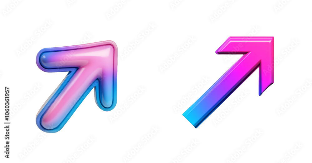 A set of two colorful 3D gradient arrows isolated on a transparent background, symbolizing direction and progress A set of two colorful 3D gradient arrows isolated on a transparent background, symbolizing direction and progress