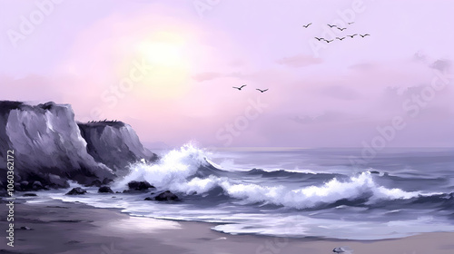 A breathtaking sunset over a rocky coastline with crashing waves.