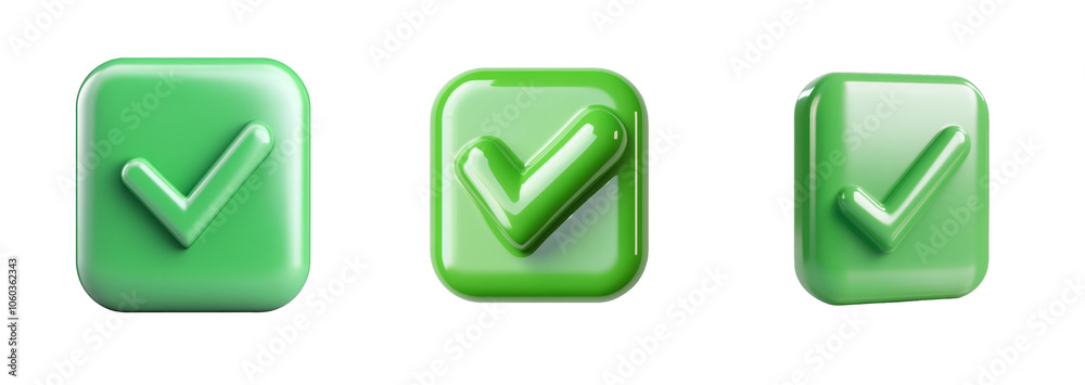 A collection of glossy green checkmark icons isolated on a transparent background, symbolizing approval and success A collection of glossy green checkmark icons isolated on a transparent background, symbolizing approval and success