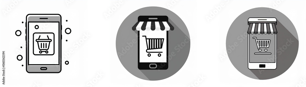 Three grayscale icons of a smartphone with a shopping cart and awning on the screen. Three grayscale icons of a smartphone with a shopping cart and awning on the screen.