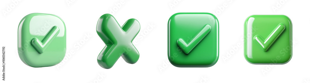 Set of green check and cross icons isolated on a transparent background, symbolizing approval and rejection concepts Set of green check and cross icons isolated on a transparent background, symbolizing approval and rejection concepts