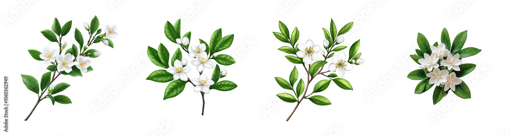 Collection of jasmine flowers and green leaves isolated on a transparent background, symbolizing freshness and nature, perfect for spring themes Collection of jasmine flowers and green leaves isolated on a transparent background, symbolizing freshness and nature, perfect for spring themes