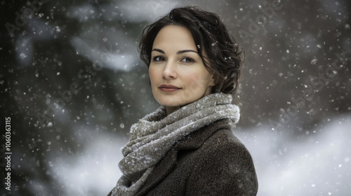 confident woman in snowy landscape, wearing warm scarf