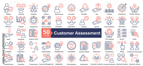 Customer Assessment icon collection set. Containing Integrity, Listening, Gratitude, Solution, Attentiveness, Innovation, Empathy, Gift, Timeline icon. Simple dual tone illustration.