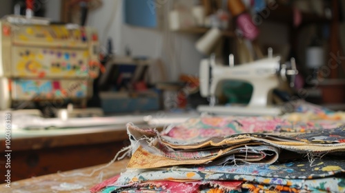 Stack of colorful fabrics lays on a table in a textile workshop, with sewing machines visible in the background, suggesting a creative and productive environment