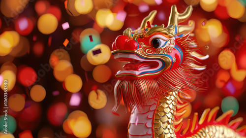 Traditional New Year dragon mascot with colorful confetti and fireworks