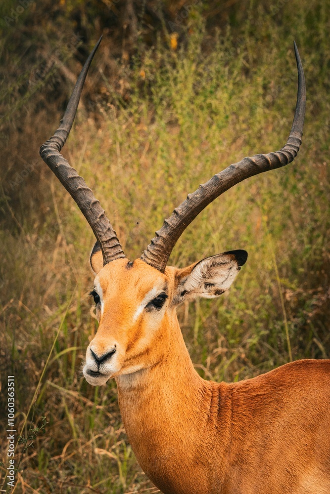 Fototapeta premium Male impala gazelle standing in grassy field at Akagera National Park, Rwanda