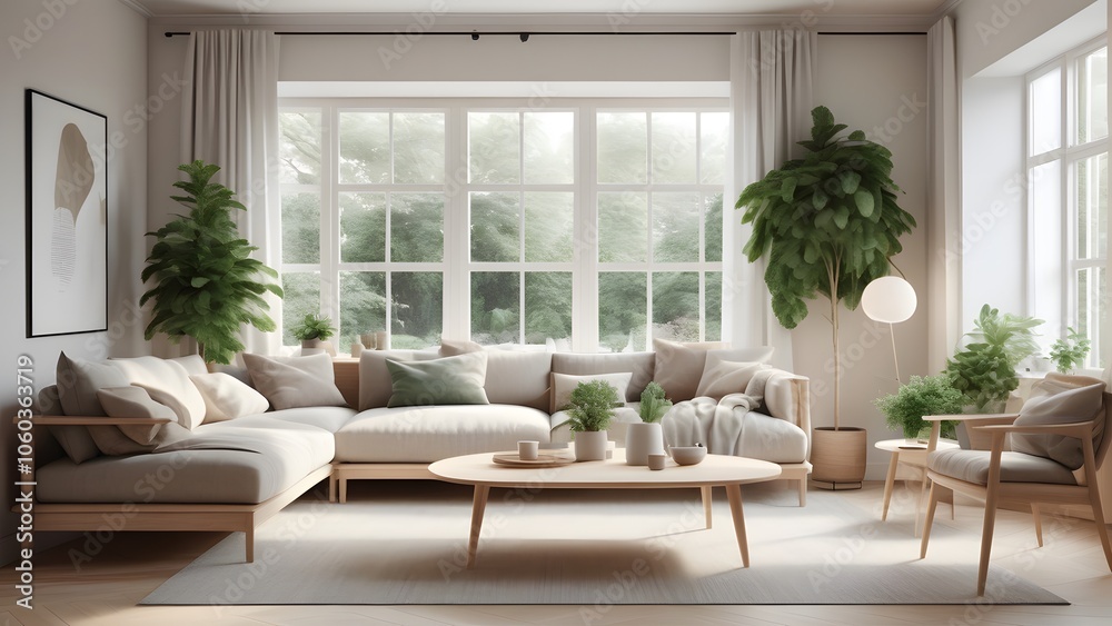 Fototapeta premium Modern Minimalist Living Space with Large Windows, Natural Light, and Earthy Decor Creating an Inviting Ambiance (15)