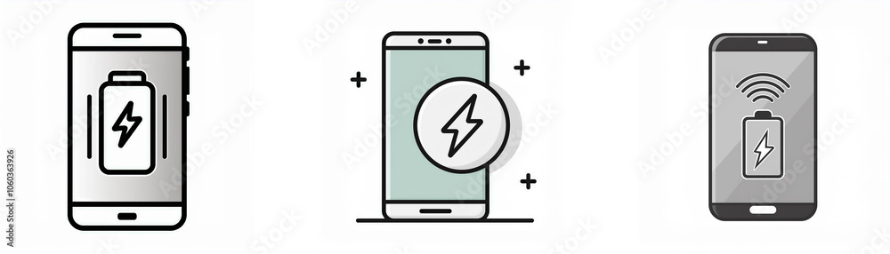 Three smartphone icons, each displaying a battery charging symbol with a lightning bolt. Three smartphone icons, each displaying a battery charging symbol with a lightning bolt.