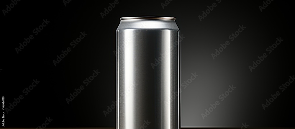 A shiny, metallic beverage can stands upright against a dark background. A shiny, metallic beverage can stands upright against a dark background.