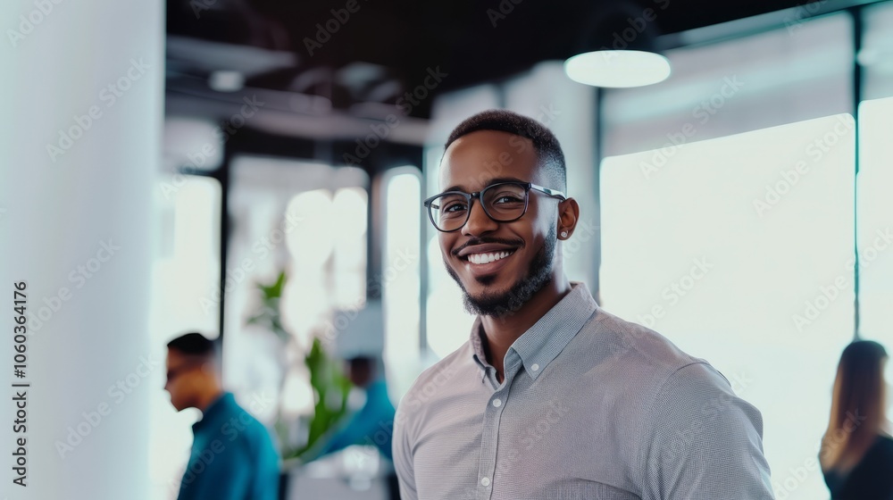 A man who is wearing glasses is smiling happily for the camera in an office