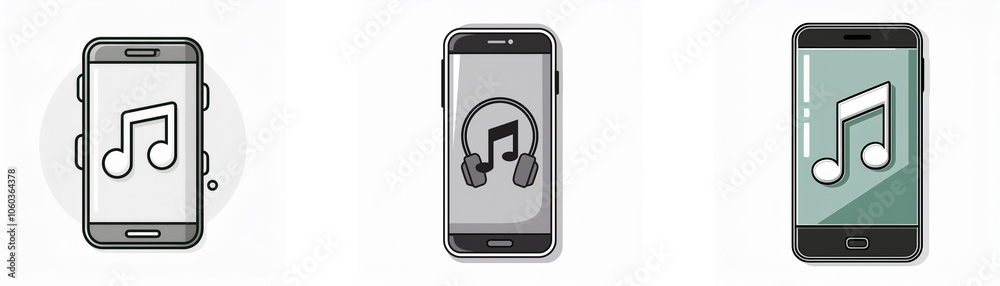 Three smartphones with music notes on their screens. Three smartphones with music notes on their screens.