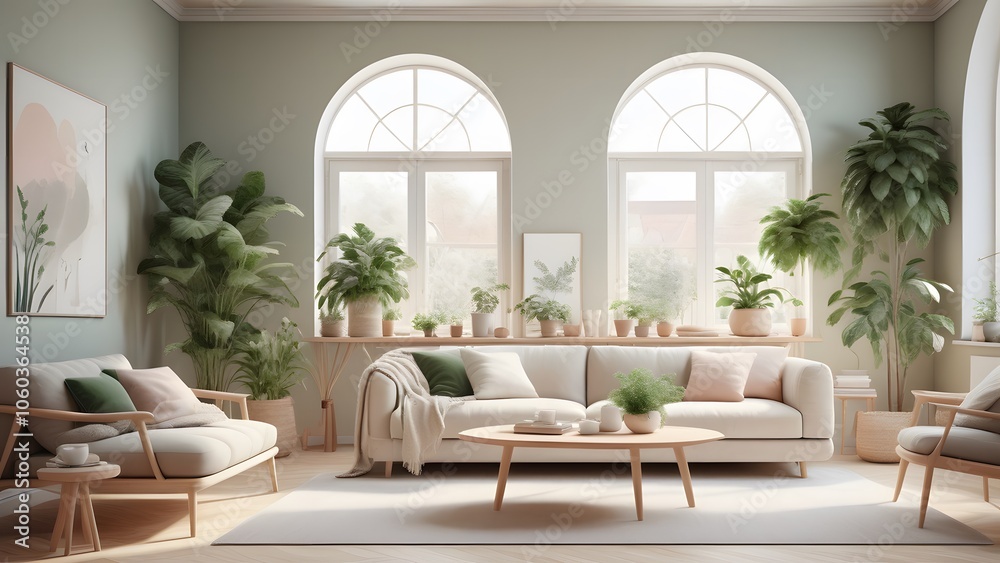 Fototapeta premium Modern Minimalist Living Space with Large Windows, Natural Light, and Earthy Decor Creating an Inviting Ambiance (28)