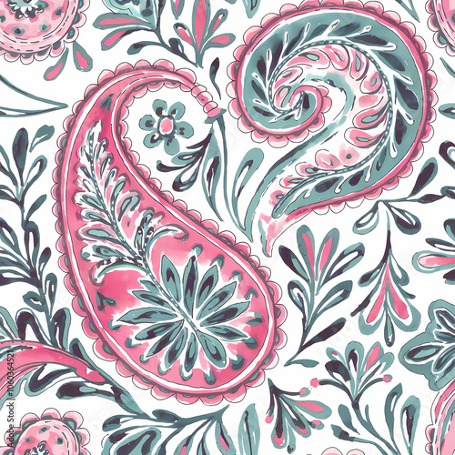 paisley pattern, surface pattern design, soft watercolor illustration