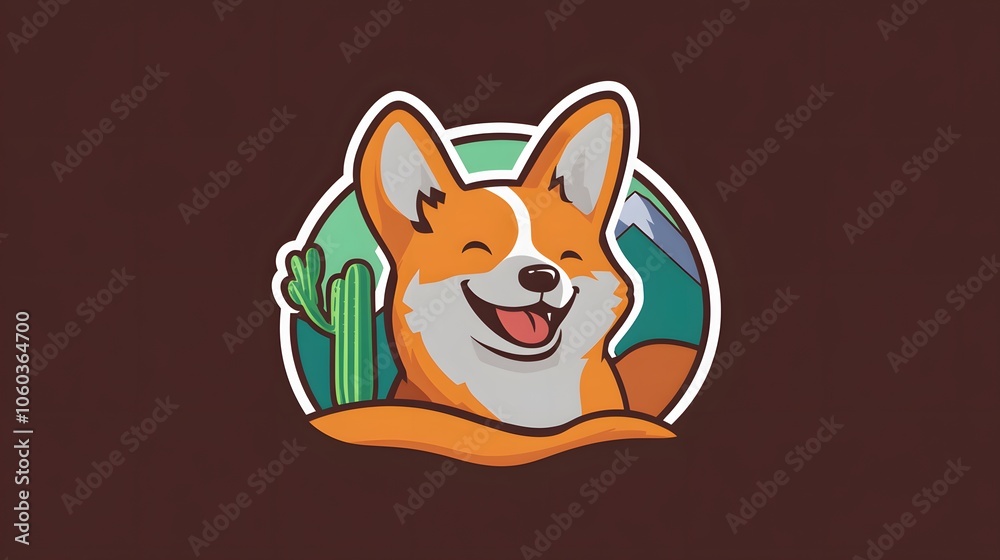Logo of a corgi smiling and playing in the desert with mountains, in a vector style Logo of a corgi smiling and playing in the desert with mountains, in a vector style