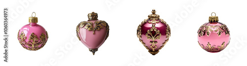 Set of ornate pink and gold Christmas ornaments isolated on a transparent background, ideal for festive holiday decoration