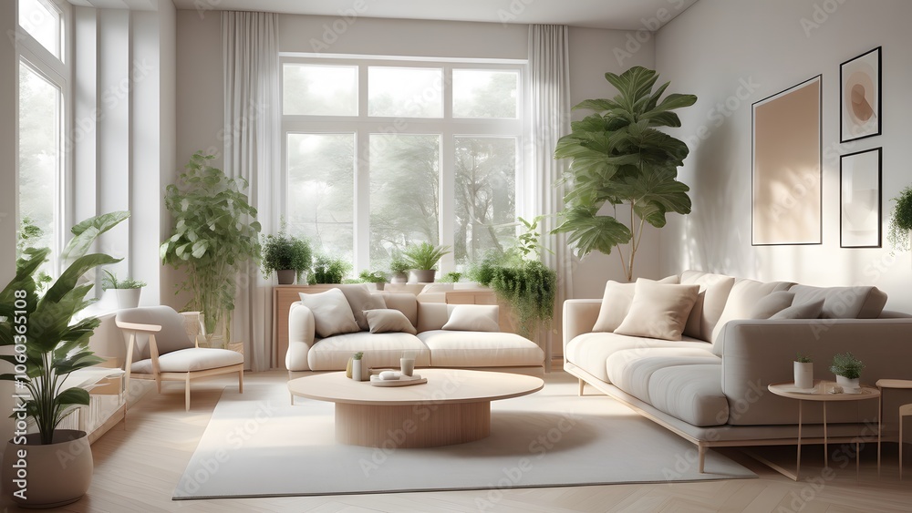Fototapeta premium Modern Minimalist Living Space with Large Windows, Natural Light, and Earthy Decor Creating an Inviting Ambiance (36)