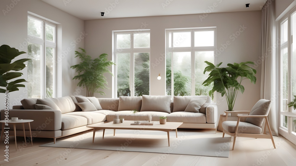 Modern Minimalist Living Space with Large Windows, Natural Light, and Earthy Decor Creating an Inviting Ambiance (37)