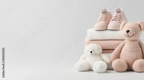 Adorable pink and white baby essentials with plush toys for a cozy nursery setting