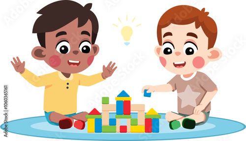 Kid Helping a Friend Build Something With Blocks