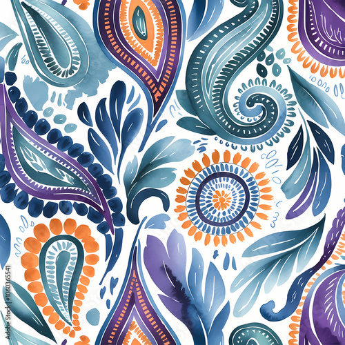 paisley pattern, surface pattern design, soft watercolor illustration