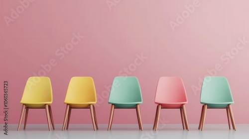 A minimalist arrangement of colorful chairs against a soft pink wall, creating a modern and stylish aesthetic.